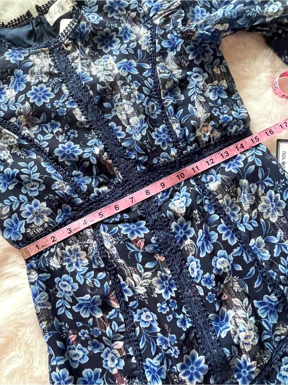 NWT Eliza J. Navy Blue & Silver Floral Ruffled Long Puff Sleeve Dress - Picture 6 of 16
